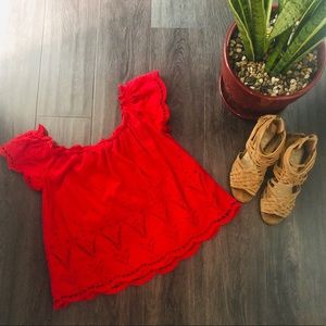 Off-the-shoulder Red & Ruffled Top